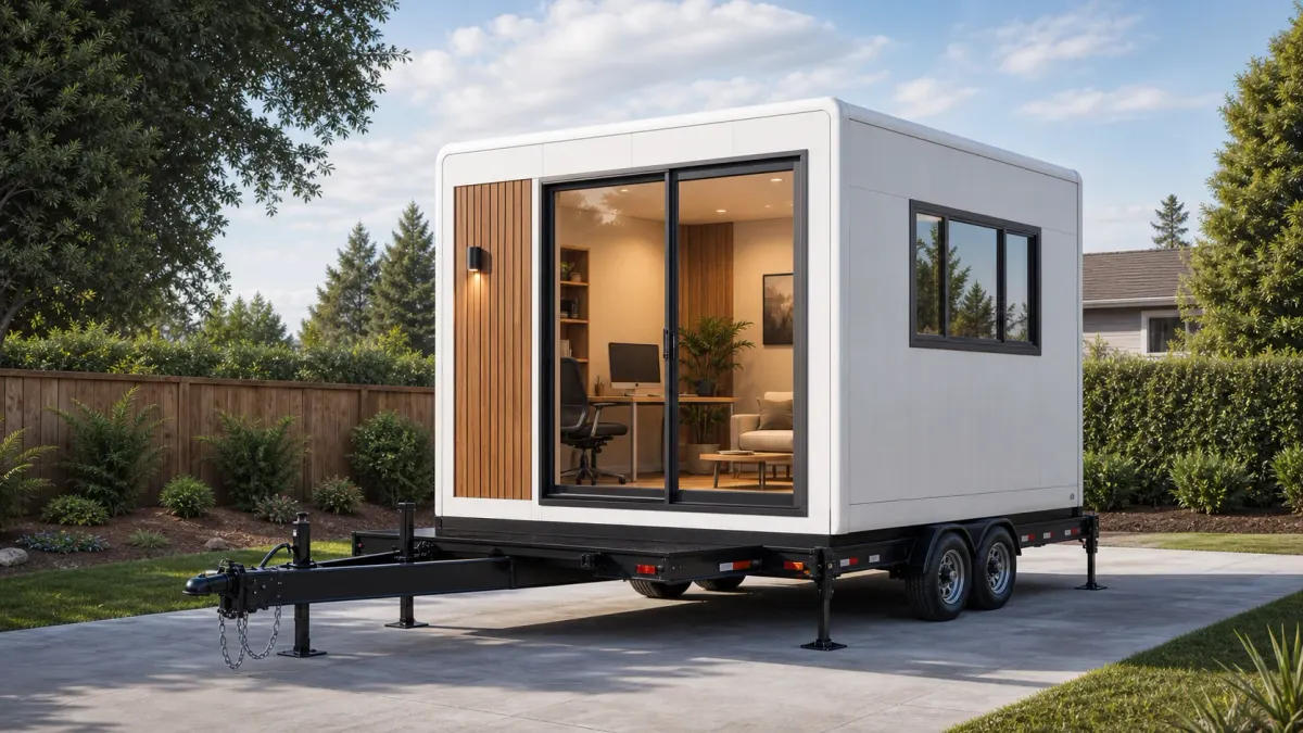 Compact backyard office cabin module placed beside a North American home with privacy landscaping