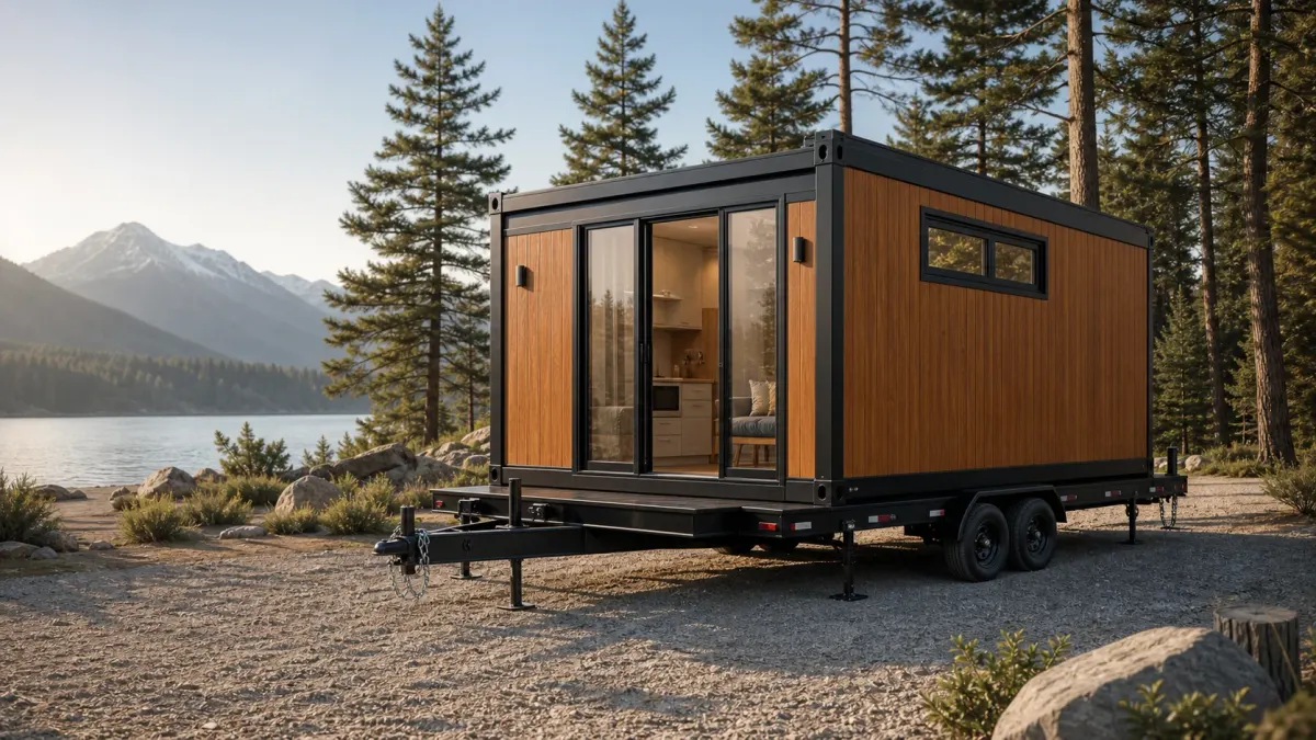 Trailer-ready modular cabin prepared for delivery and local installer coordination in a North America project setting