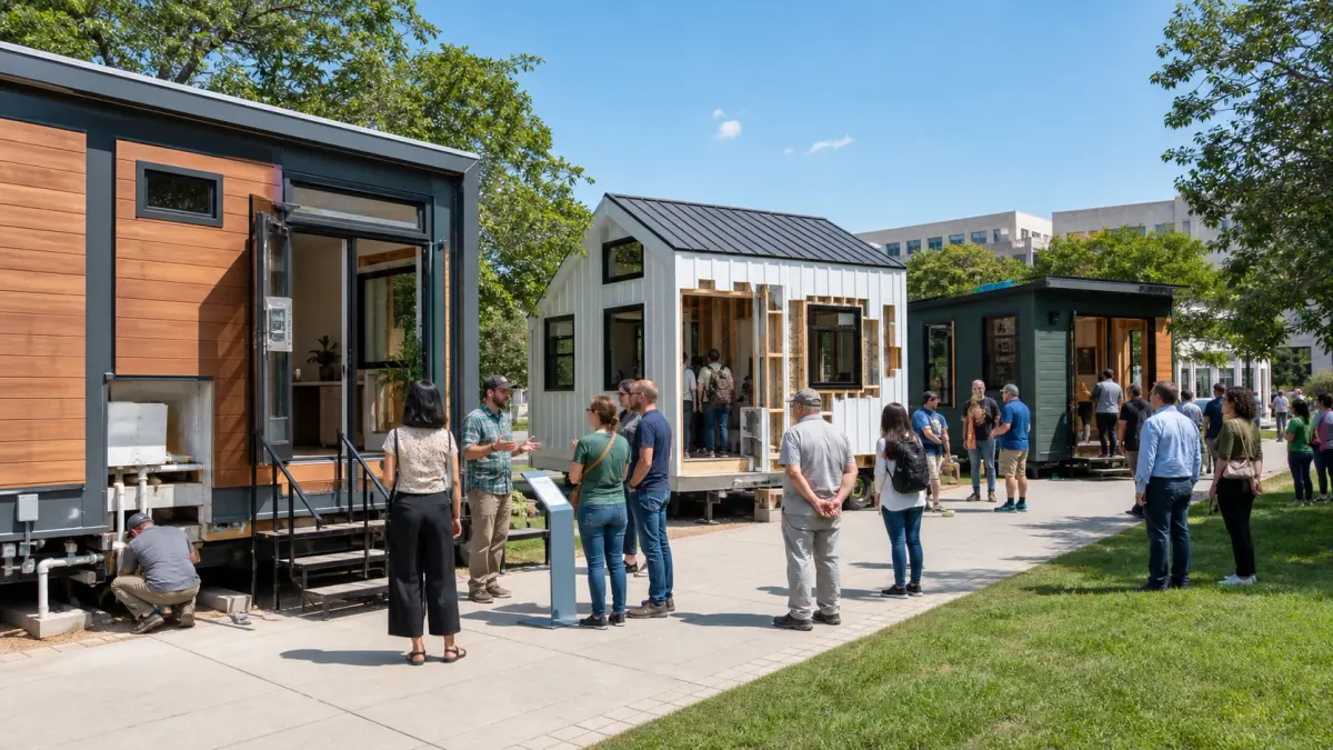 Visitors examining full-scale prototype homes and utility details at a public housing exhibition