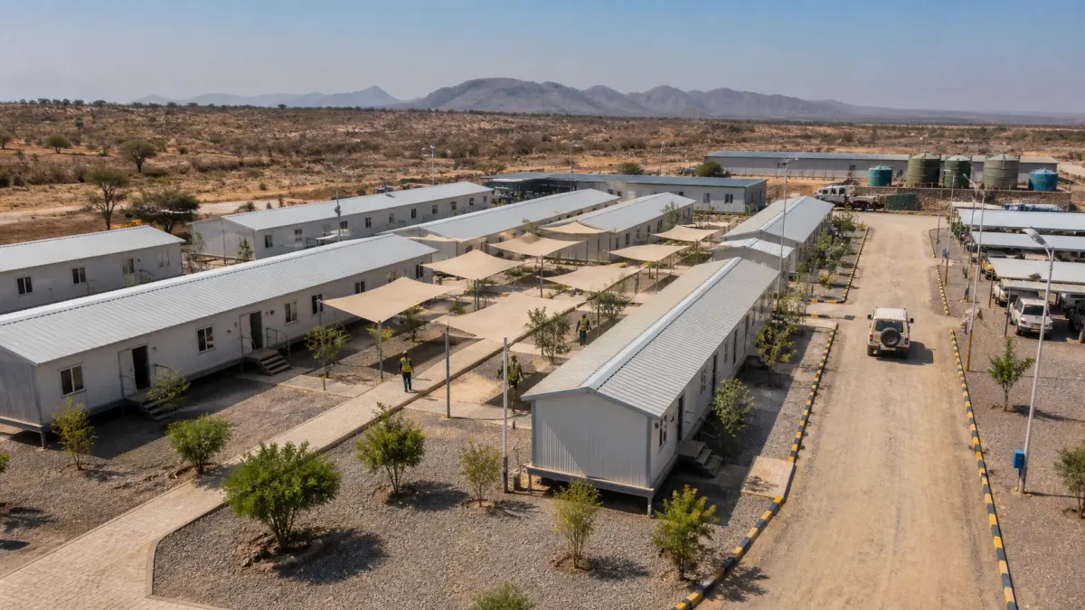 Multi-level modular workforce accommodation block being prepared for project-site use