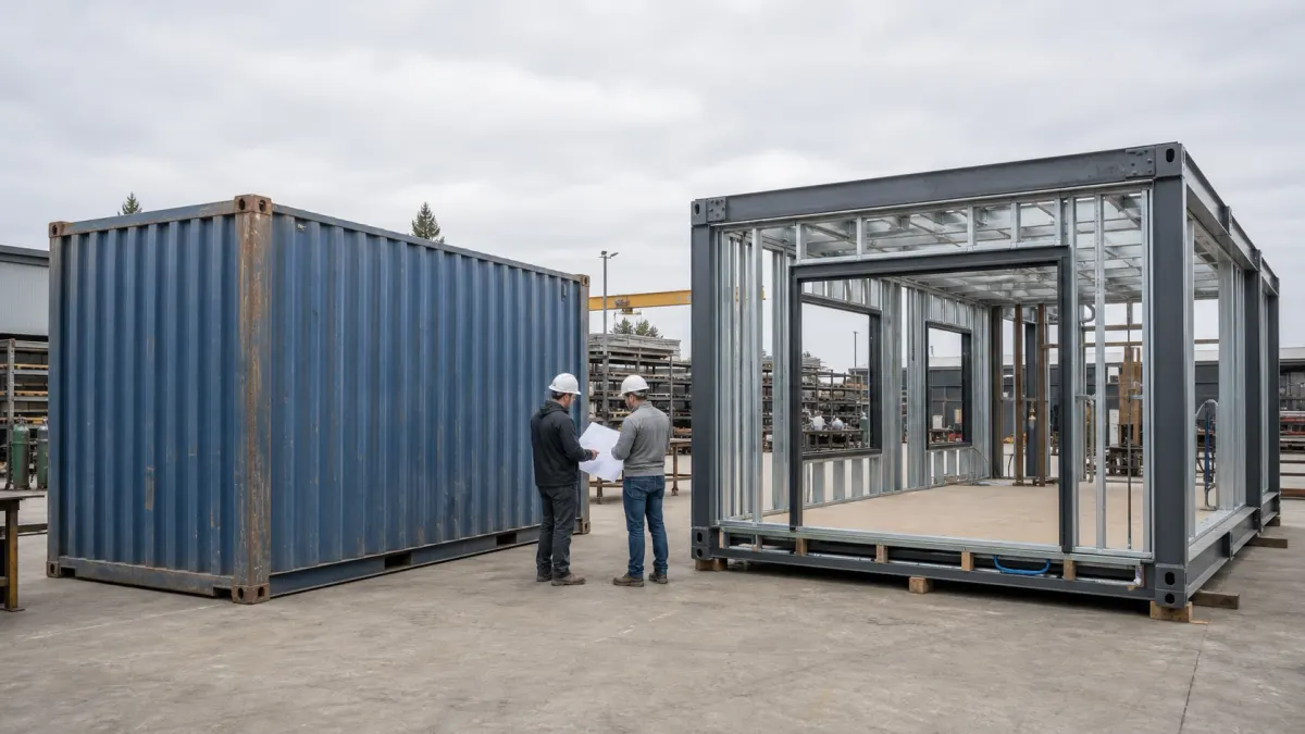 Shipping container and purpose-built steel module compared side by side in a fabrication yard