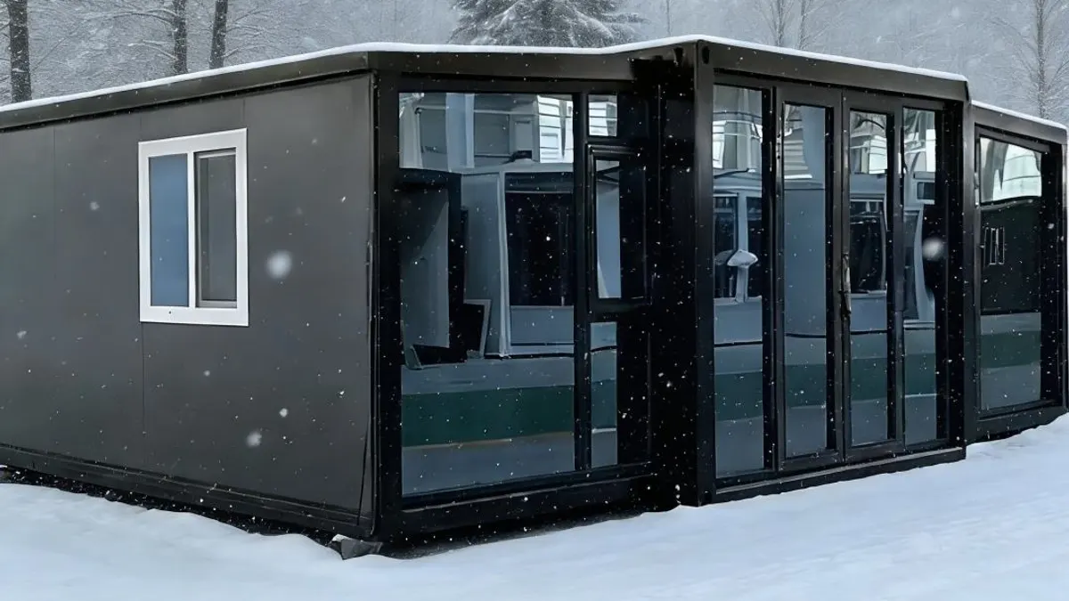 Panoramic expandable cabin in a snowy mountain setting for cold-climate tourism planning